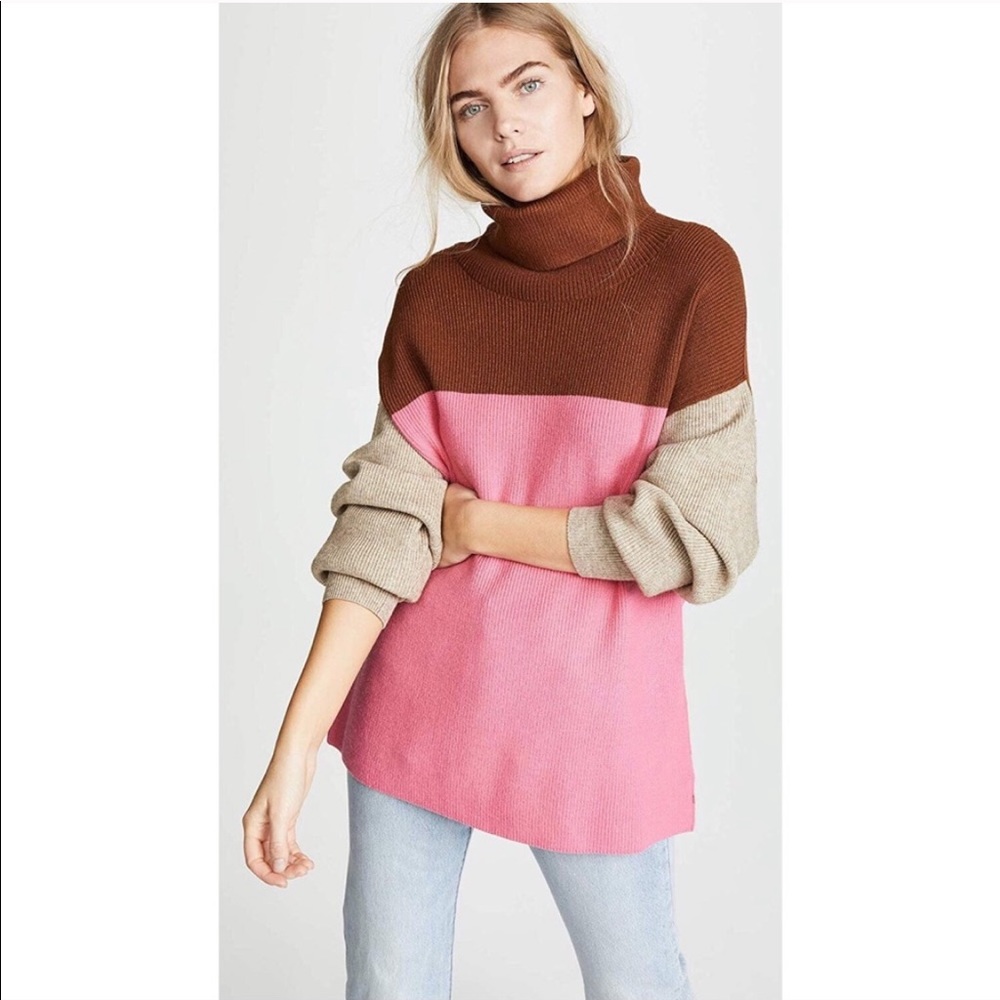 Free People Brown, Pink, and Tan Colorblock Turtleneck Sweater